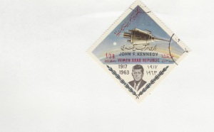 JFK image with space craft.  Yemen Arab Republic stamp .